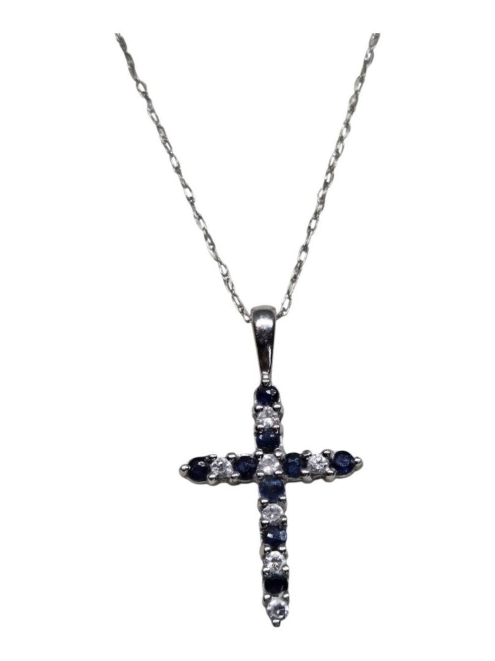10K Solid White Gold Blue Spinel & Quartz Cross Pendant Necklace